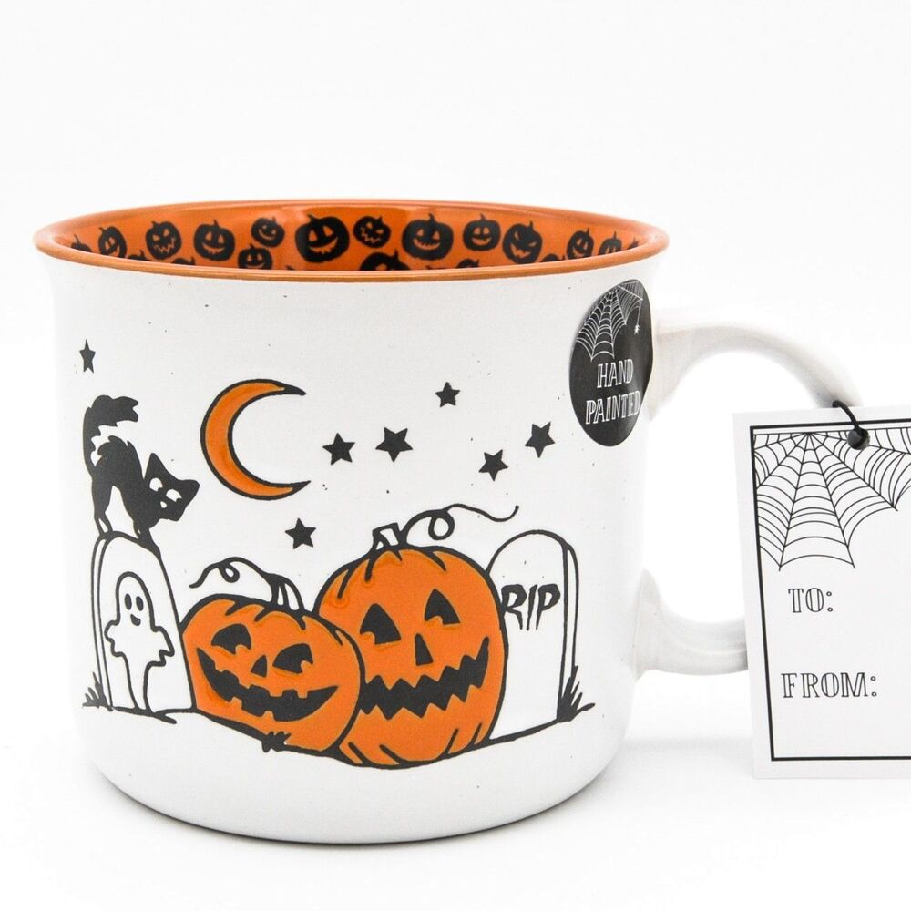 Halloween Pumpkin Mug, 23oz White Ceramic Mug w/ Black Cat Graveyard Design, New